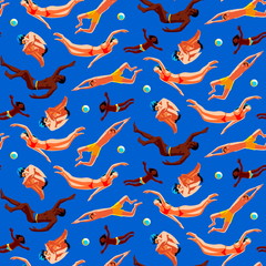 People mixed race swimming in pool with balls. Swimmers in water background. Summer sea or ocean diving enjoy activity. Seamless pattern vector illustration