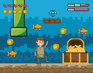 Wall Mural - boy with fishes and coins coffer with life bars