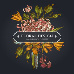 Wall Mural - Floral bouquet dark design with japanese chrysanthemum, blackberry lily, eucalyptus flower