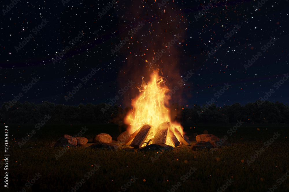 Lagerfeuer mit Steinen umringt vor Sternenhimmel  bei Nacht. 3D Rendering - obrazy, fototapety, plakaty 