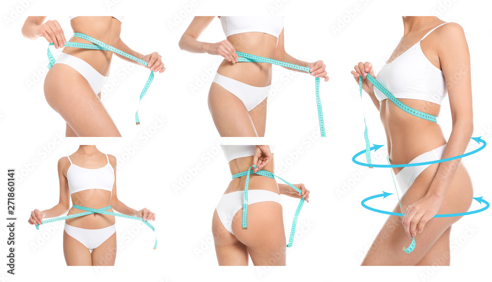 Set of attractive slim young woman in underwear measuring her body on white background, closeup - obrazy, fototapety, plakaty 
