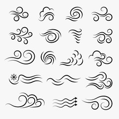 wind weather and environment, nature icon set. natural movement of the air symbols. vector line art 