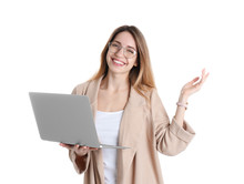 Portrait Of Happy Young Woman In Office Wear With Laptop On White Background