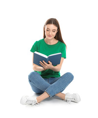 Sticker - Young woman reading book on white background