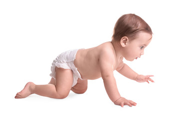 Wall Mural - Cute little baby crawling on white background