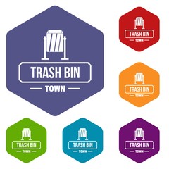 Poster - Bin trash town icons vector colorful hexahedron set collection isolated on white 