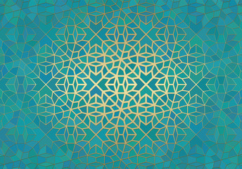 Wall Mural - Abstract background with islamic ornament, arabic geometric texture. Golden lined tiled motif.