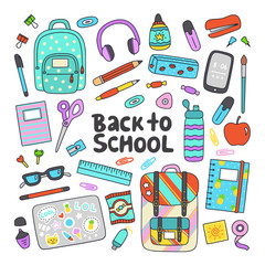 Back to school hand drawn flat vector set. Education icons, design elements in cartoon style.