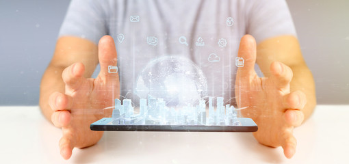 Poster - Businessman holding Smart city user interface with icon, stats and data 3d rendering