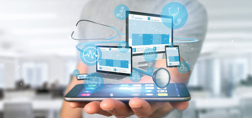 businessman holding devices with medical icon and stethoscope 3d rendering