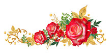 Decorative Corner Vignette. Golden Curl, Glittering Leaves, Flower Rinds, Red Roses. Isolated On White Background.