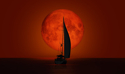 Wall Mural - Big bloody (red) full moon with lone yacht - Lunar eclipse 