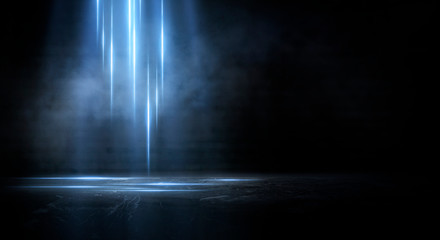 Sticker - dark empty scene, blue neon searchlight light, wet asphalt, smoke, night view, rays. empty black stu