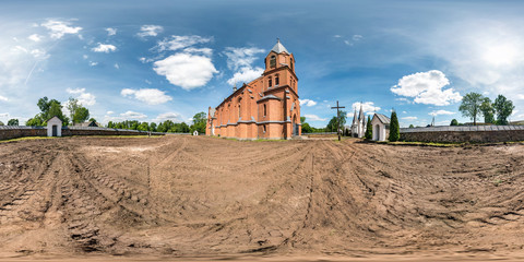 Wall Mural - Full seamless hdri panorama 360 degrees angle view red brick facade of church in decorative medieval neo gothic style architecture in small village in equirectangular spherical projection. vr content