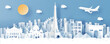Panorama view of Paris, France and city skyline with world famous landmarks in paper cut style vector illustration
