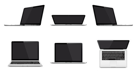 Set of modern laptop with blank screen isolated on white background