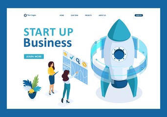 Poster - Isometric start up of a business project, a business woman working on a virtual screen. Template landing page