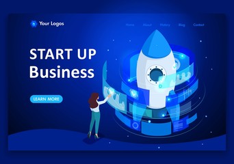 Poster - Isometric start up of a business project, a businesswoman working on a virtual screen. Template landing page
