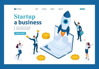 Poster - isometric business startup, businessmen rejoice rocket take-off from laptop, business investment. te