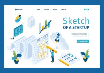 Poster - isometric sketch a startup and paper, design sketch businessman. template landing page