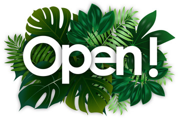 Wall Mural - Open word and green tropical’s leaves background