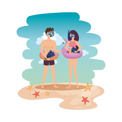 Wall Mural - young couple with float and equipment diving on the beach