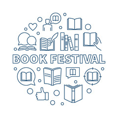 Wall Mural - Book Festival concept round vector illustration made with outline books icons