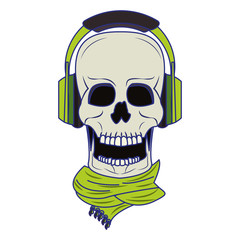 Wall Mural - Cool skull with headphones and scarf cartoon blue lines