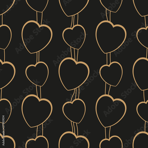 Golden hearts on a black background. Seamless pattern