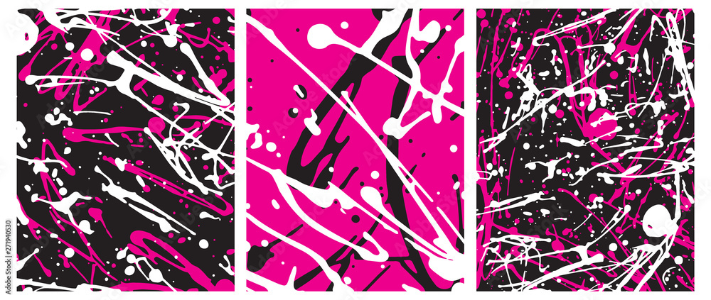 Set o 3 Abstract Geometric Layouts. Irregular Handmade Black, White, Pink Splashes on a Pink and Black Backgrounds. Funny Simple Creative Design. Infantile Style Expressive Painting. - obrazy, fototapety, plakaty 