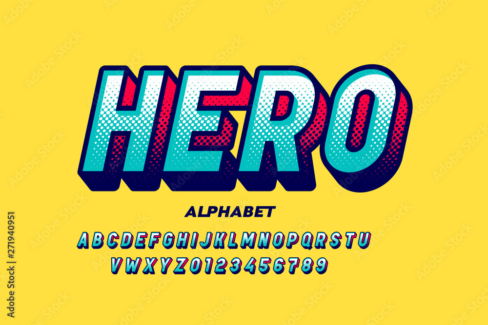 Comics super hero style font, alphabet letters and numbers - obrazy, fototapety, plakaty 