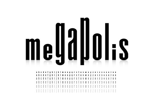 Megalopolis style font design, skyline alphabet letters and numbers