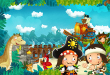 Cartoon Scene In The Jungle Near The Sea On The Stage And Camp Fire And Pirate Ship - Illustration For Children