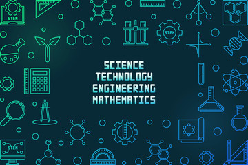 Wall Mural - Science, Technology, Engineering and Math outline colored horizontal frame - vector STEM concept illustration on dark background