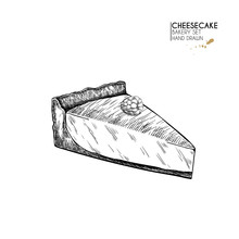Bakery Set. Hand Drawn Isolated Slice Of Cheesecake. Traditional Sweet Bakery. Vector Engraved Icon. For Restaurant And Cafe Menu, Baker Shop, Bread, Pasty, Desserts, Sweets. Design Template.