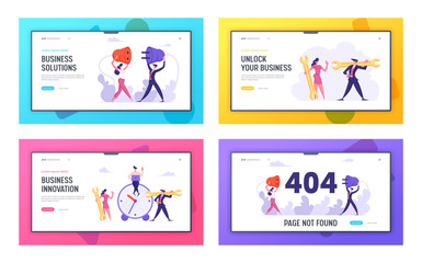 Poster - Business Innovation, Solution, 404 Error Website Landing Page Set, Time Management, Teamwork Business People with Socket, Plug and Wrench, Web Page not Found, Cartoon Flat Vector Illustration, Banner