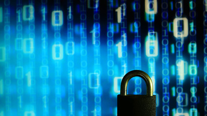 Wall Mural - closed padlock in front of blue floating binary code background. cyber and computer security concept. privacy protection against hackers, virus and spyware.