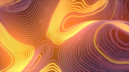 Poster - Colored abstract background with bright particles. Deformed wavy wires with motion glowing elements. Depth of field. 3D render loop animation. 4K, Ultra HD resolution.