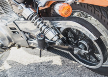 Rear Wheel Of Motorcycle With Belt Transmission Rotation.