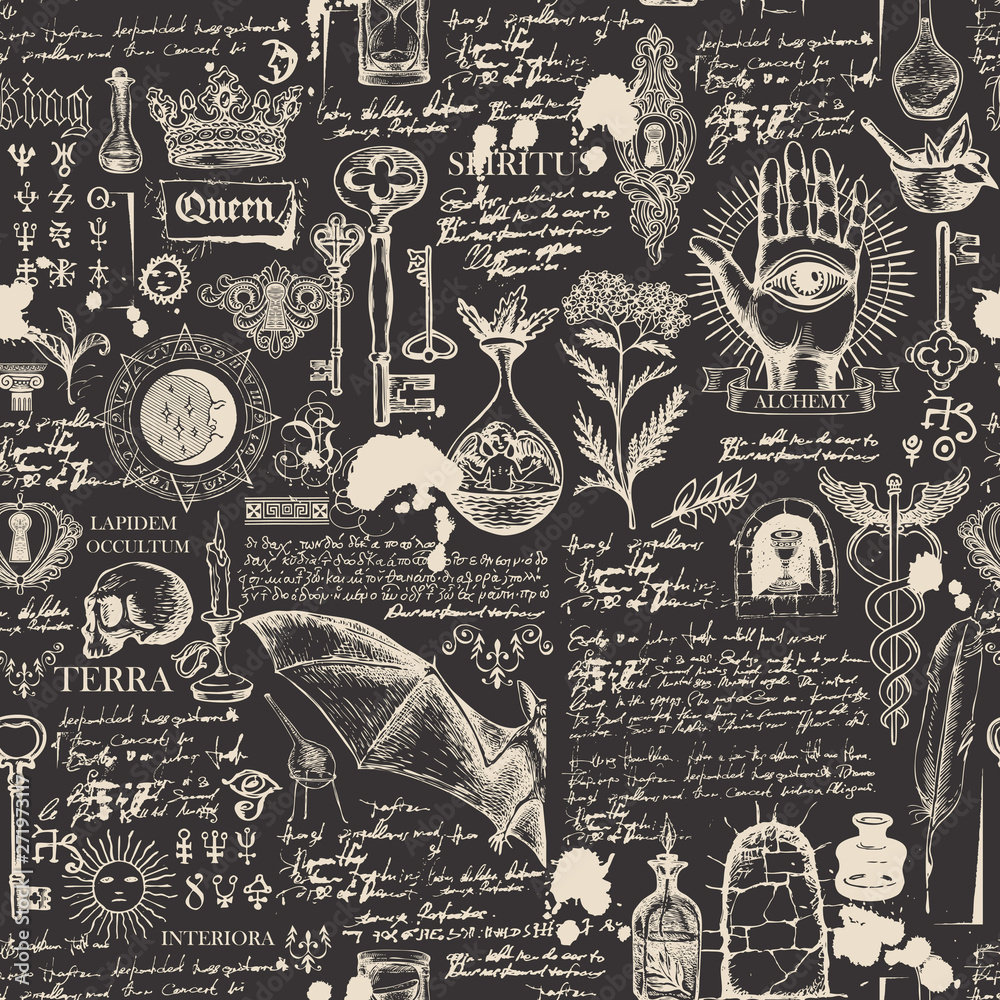 Vector seamless background on the theme of alchemy, magic, witchcraft and mysticism with various esoteric and occult symbols, sketches, blots. The Latin words Spirit, Land, Secret, Interior, Stone - obrazy, fototapety, plakaty 