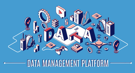 Fototapete - Data management platform, dmp isometric infographic banner, business analytics finance statistics, web search, media content analysis, database research icons on blue background 3d vector illustration