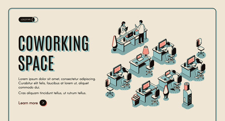 Coworking space isometric landing page. Office center with people sitting at workplace desks with computers. Teamwork, freelance 3d vector illustration, line art, web banner, retro colored background.