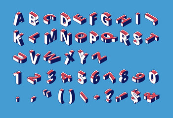 Fototapete - Isometric alphabet, numbers and punctuation with halftone dotted pattern standing and lying in raw on blue background. Abc letters, typography 3d elements, signs, symbols Vector illustration, line art