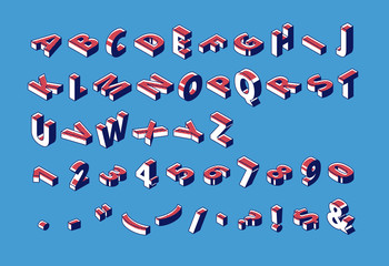 Fototapete - Isometric alphabet, abc, numbers and punctuation. Capital letters, typography with dotted halftone pattern standing and lying on blue background. 3d element, sign, symbol Vector illustration, line art