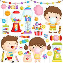 A Vector Set Of Cute Girl And Boy Chewing Bubblegum With Lots Of Bubblegum Machine 