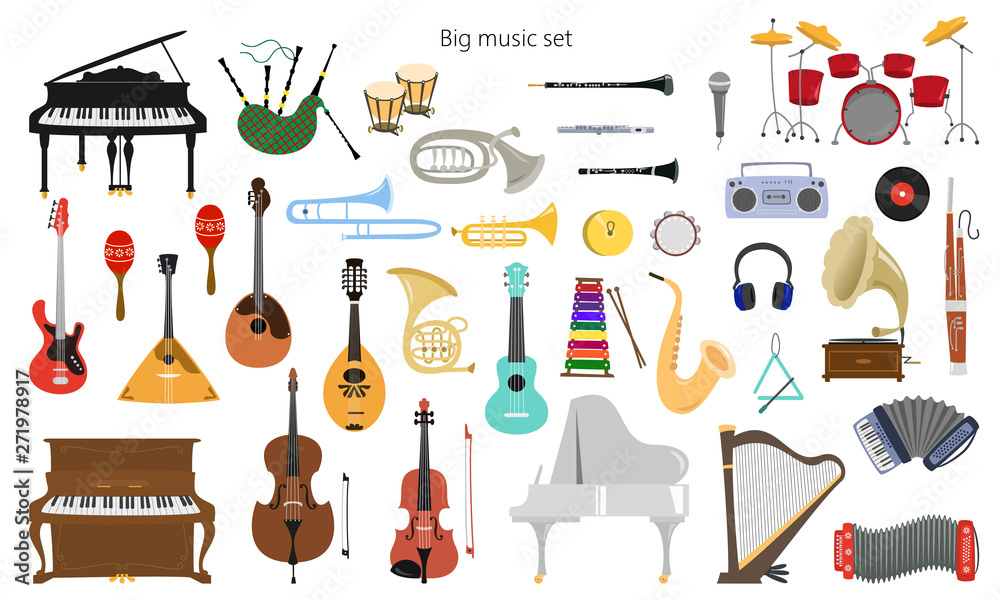 Set of musical instruments on the white background. - obrazy, fototapety, plakaty 