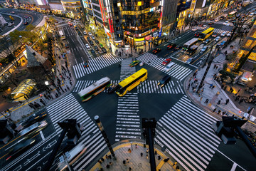 Fototapete - Aerial view of intersection in Ginza, Tokyo, Japan at night.