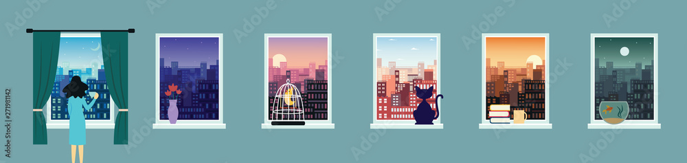 City landscape window view set at various times of the day flat vector illustration. - obrazy, fototapety, plakaty 