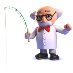 Wall Mural - 3d mad scientist professor character fishing with a rod