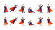 Superhero businessman in the cape set of poses flat vector illustration isolated.